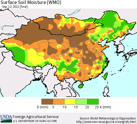 China, Mongolia and Taiwan Surface Soil Moisture (WMO) Thematic Map For 9/6/2021 - 9/12/2021