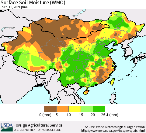 China, Mongolia and Taiwan Surface Soil Moisture (WMO) Thematic Map For 9/13/2021 - 9/19/2021