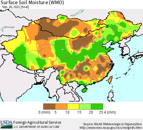 China, Mongolia and Taiwan Surface Soil Moisture (WMO) Thematic Map For 9/20/2021 - 9/26/2021