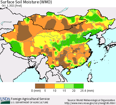 China, Mongolia and Taiwan Surface Soil Moisture (WMO) Thematic Map For 9/27/2021 - 10/3/2021