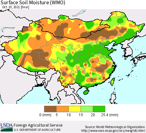 China, Mongolia and Taiwan Surface Soil Moisture (WMO) Thematic Map For 10/4/2021 - 10/10/2021