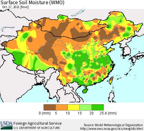 China, Mongolia and Taiwan Surface Soil Moisture (WMO) Thematic Map For 10/11/2021 - 10/17/2021