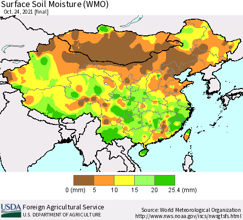 China, Mongolia and Taiwan Surface Soil Moisture (WMO) Thematic Map For 10/18/2021 - 10/24/2021