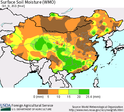 China, Mongolia and Taiwan Surface Soil Moisture (WMO) Thematic Map For 10/25/2021 - 10/31/2021