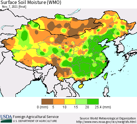 China, Mongolia and Taiwan Surface Soil Moisture (WMO) Thematic Map For 11/1/2021 - 11/7/2021