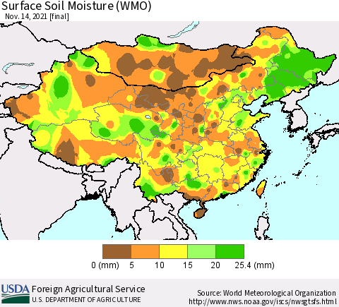 China, Mongolia and Taiwan Surface Soil Moisture (WMO) Thematic Map For 11/8/2021 - 11/14/2021
