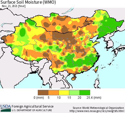 China, Mongolia and Taiwan Surface Soil Moisture (WMO) Thematic Map For 11/15/2021 - 11/21/2021