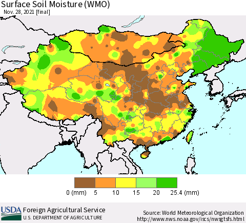 China, Mongolia and Taiwan Surface Soil Moisture (WMO) Thematic Map For 11/22/2021 - 11/28/2021