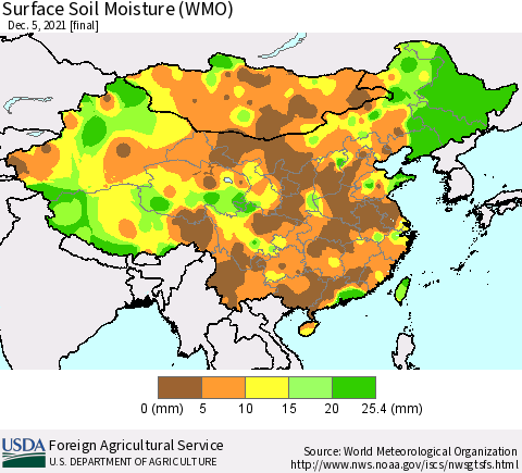 China, Mongolia and Taiwan Surface Soil Moisture (WMO) Thematic Map For 11/29/2021 - 12/5/2021