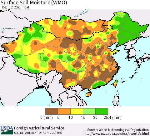 China, Mongolia and Taiwan Surface Soil Moisture (WMO) Thematic Map For 12/6/2021 - 12/12/2021