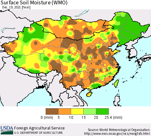 China, Mongolia and Taiwan Surface Soil Moisture (WMO) Thematic Map For 12/13/2021 - 12/19/2021