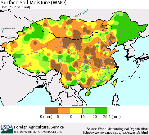 China, Mongolia and Taiwan Surface Soil Moisture (WMO) Thematic Map For 12/20/2021 - 12/26/2021