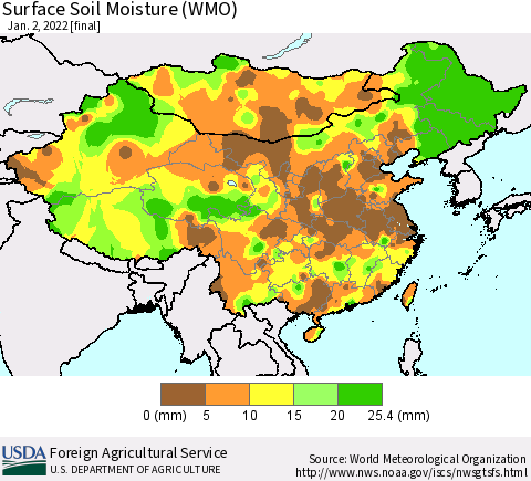 China, Mongolia and Taiwan Surface Soil Moisture (WMO) Thematic Map For 12/27/2021 - 1/2/2022