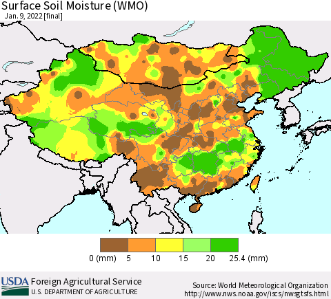 China, Mongolia and Taiwan Surface Soil Moisture (WMO) Thematic Map For 1/3/2022 - 1/9/2022