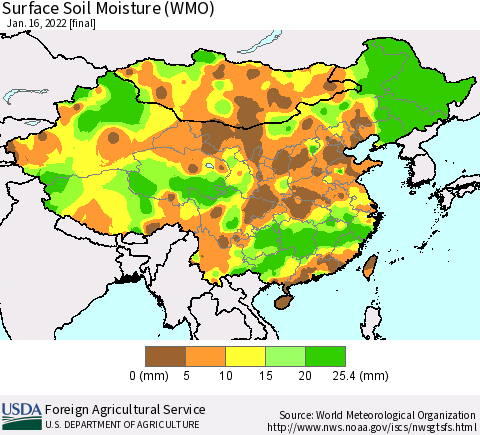 China, Mongolia and Taiwan Surface Soil Moisture (WMO) Thematic Map For 1/10/2022 - 1/16/2022