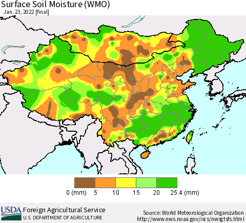China, Mongolia and Taiwan Surface Soil Moisture (WMO) Thematic Map For 1/17/2022 - 1/23/2022