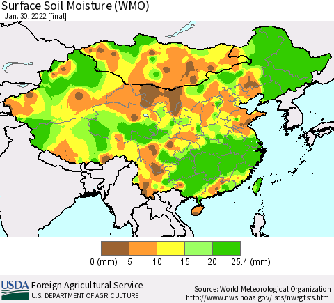 China, Mongolia and Taiwan Surface Soil Moisture (WMO) Thematic Map For 1/24/2022 - 1/30/2022