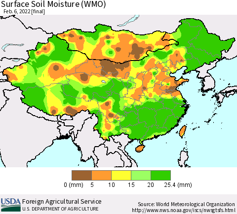 China, Mongolia and Taiwan Surface Soil Moisture (WMO) Thematic Map For 1/31/2022 - 2/6/2022