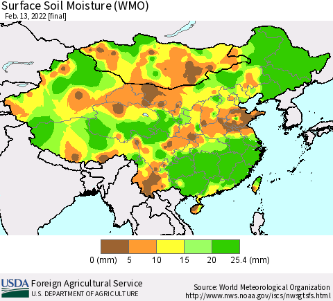 China, Mongolia and Taiwan Surface Soil Moisture (WMO) Thematic Map For 2/7/2022 - 2/13/2022