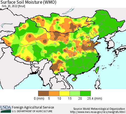 China, Mongolia and Taiwan Surface Soil Moisture (WMO) Thematic Map For 2/14/2022 - 2/20/2022