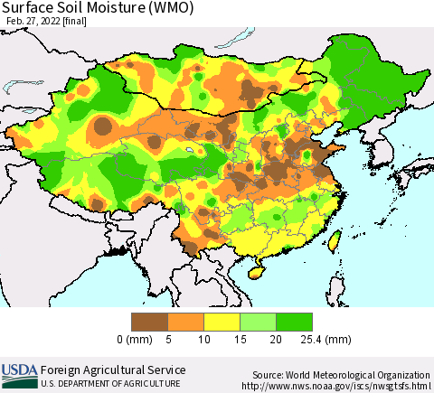 China, Mongolia and Taiwan Surface Soil Moisture (WMO) Thematic Map For 2/21/2022 - 2/27/2022