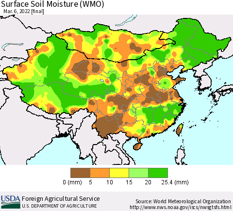 China, Mongolia and Taiwan Surface Soil Moisture (WMO) Thematic Map For 2/28/2022 - 3/6/2022