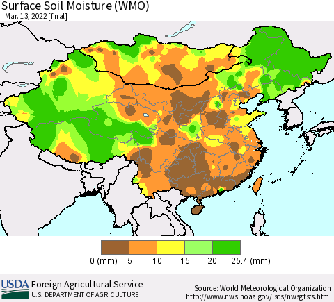 China, Mongolia and Taiwan Surface Soil Moisture (WMO) Thematic Map For 3/7/2022 - 3/13/2022