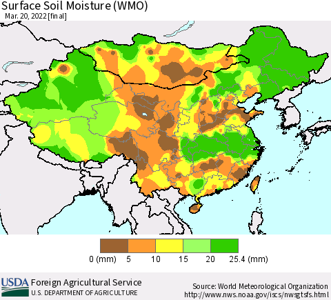 China, Mongolia and Taiwan Surface Soil Moisture (WMO) Thematic Map For 3/14/2022 - 3/20/2022
