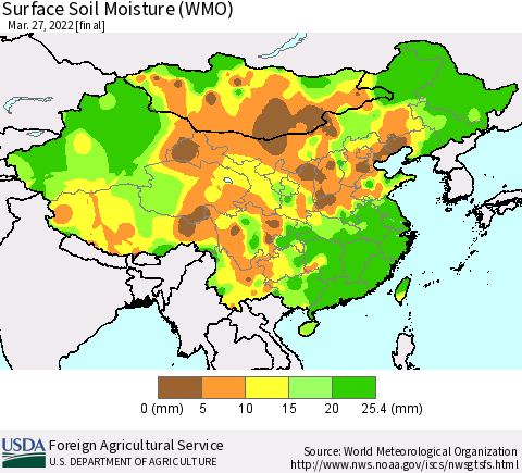 China, Mongolia and Taiwan Surface Soil Moisture (WMO) Thematic Map For 3/21/2022 - 3/27/2022