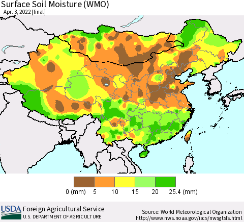 China, Mongolia and Taiwan Surface Soil Moisture (WMO) Thematic Map For 3/28/2022 - 4/3/2022