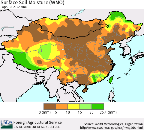 China, Mongolia and Taiwan Surface Soil Moisture (WMO) Thematic Map For 4/4/2022 - 4/10/2022