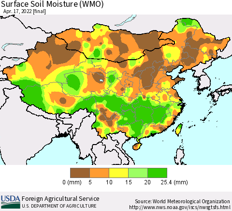 China, Mongolia and Taiwan Surface Soil Moisture (WMO) Thematic Map For 4/11/2022 - 4/17/2022