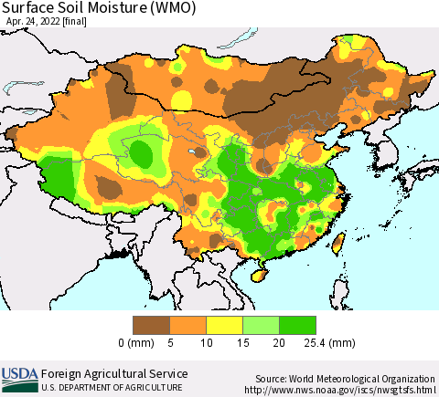 China, Mongolia and Taiwan Surface Soil Moisture (WMO) Thematic Map For 4/18/2022 - 4/24/2022