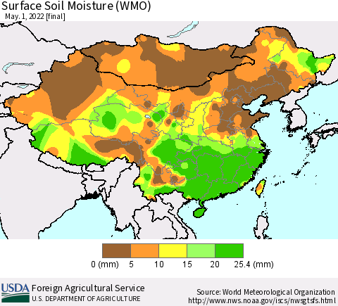 China, Mongolia and Taiwan Surface Soil Moisture (WMO) Thematic Map For 4/25/2022 - 5/1/2022