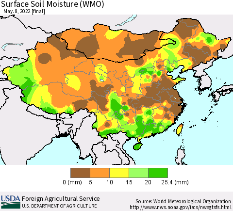 China, Mongolia and Taiwan Surface Soil Moisture (WMO) Thematic Map For 5/2/2022 - 5/8/2022