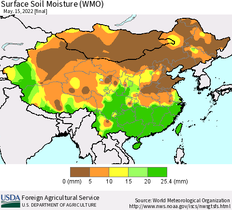 China, Mongolia and Taiwan Surface Soil Moisture (WMO) Thematic Map For 5/9/2022 - 5/15/2022