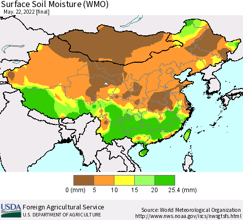 China, Mongolia and Taiwan Surface Soil Moisture (WMO) Thematic Map For 5/16/2022 - 5/22/2022