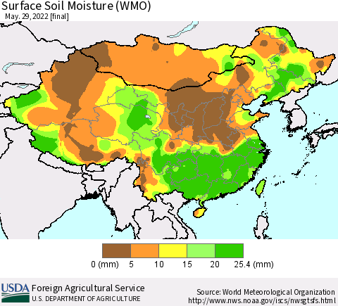 China, Mongolia and Taiwan Surface Soil Moisture (WMO) Thematic Map For 5/23/2022 - 5/29/2022