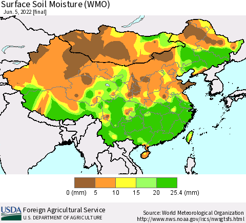 China, Mongolia and Taiwan Surface Soil Moisture (WMO) Thematic Map For 5/30/2022 - 6/5/2022