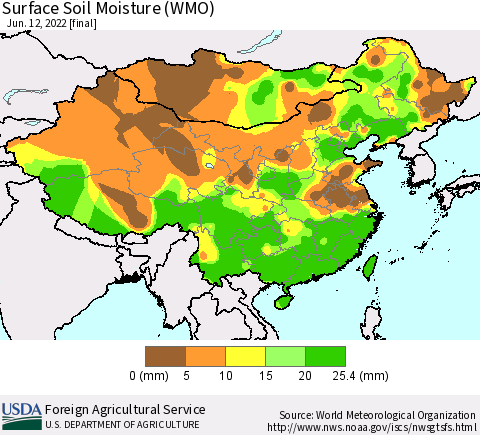 China, Mongolia and Taiwan Surface Soil Moisture (WMO) Thematic Map For 6/6/2022 - 6/12/2022