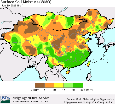 China, Mongolia and Taiwan Surface Soil Moisture (WMO) Thematic Map For 6/13/2022 - 6/19/2022