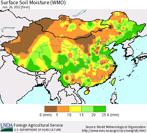 China, Mongolia and Taiwan Surface Soil Moisture (WMO) Thematic Map For 6/20/2022 - 6/26/2022