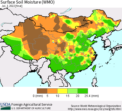 China, Mongolia and Taiwan Surface Soil Moisture (WMO) Thematic Map For 6/27/2022 - 7/3/2022