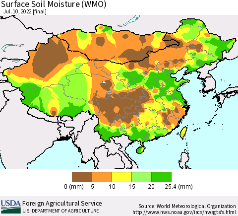 China, Mongolia and Taiwan Surface Soil Moisture (WMO) Thematic Map For 7/4/2022 - 7/10/2022