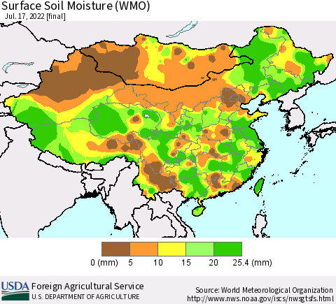 China, Mongolia and Taiwan Surface Soil Moisture (WMO) Thematic Map For 7/11/2022 - 7/17/2022