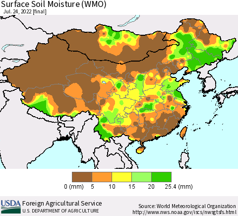 China, Mongolia and Taiwan Surface Soil Moisture (WMO) Thematic Map For 7/18/2022 - 7/24/2022