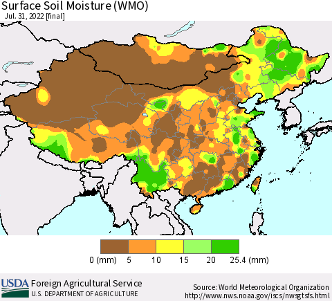 China, Mongolia and Taiwan Surface Soil Moisture (WMO) Thematic Map For 7/25/2022 - 7/31/2022