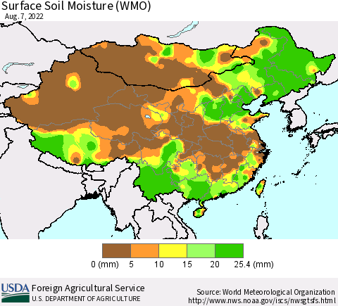 China, Mongolia and Taiwan Surface Soil Moisture (WMO) Thematic Map For 8/1/2022 - 8/7/2022