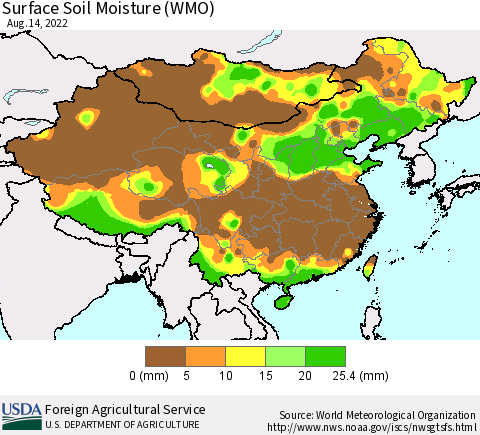 China, Mongolia and Taiwan Surface Soil Moisture (WMO) Thematic Map For 8/8/2022 - 8/14/2022