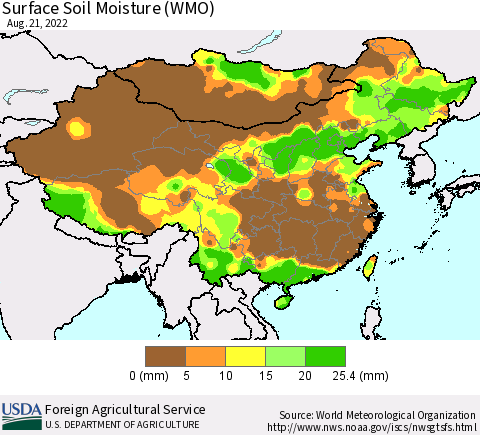 China, Mongolia and Taiwan Surface Soil Moisture (WMO) Thematic Map For 8/15/2022 - 8/21/2022